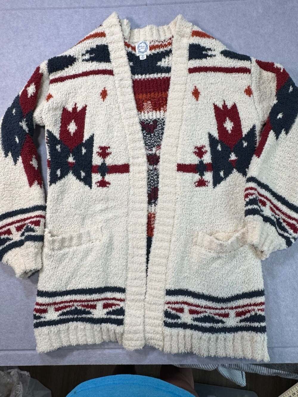 Blue Rain Aztec Southwestern Print Open Front Fuzzy Sherpa Cardigan Sweater